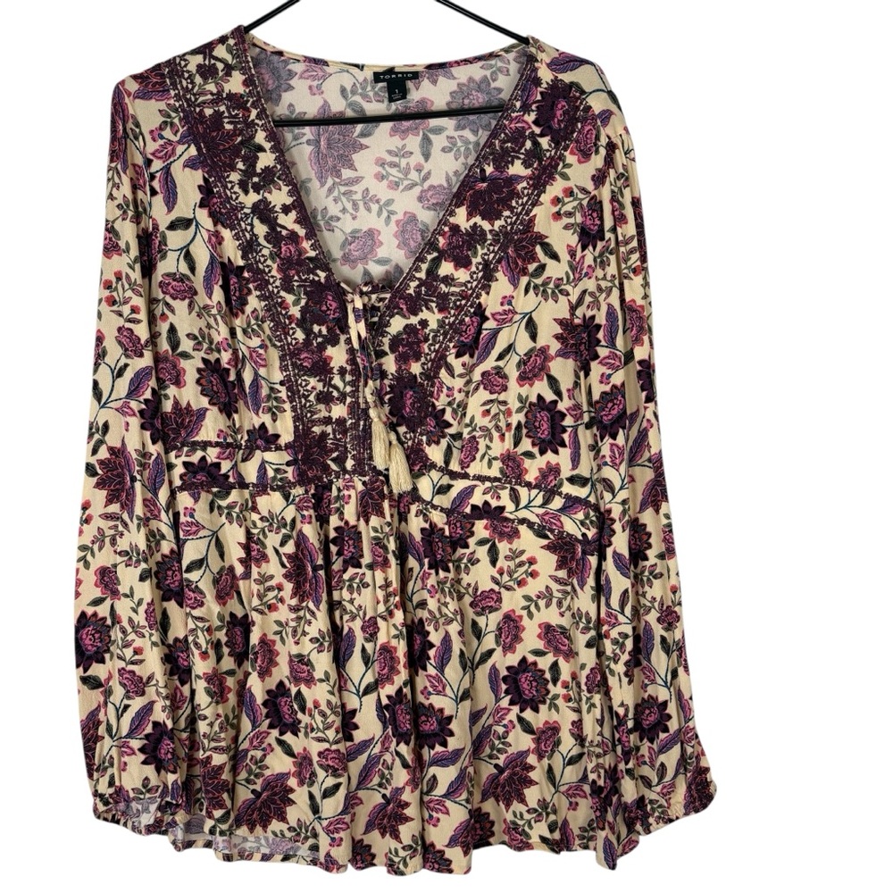 Torrid 1 Women’s Long Sleeve Floral V Neck Tie Front Blouse Top Embroidered Boho